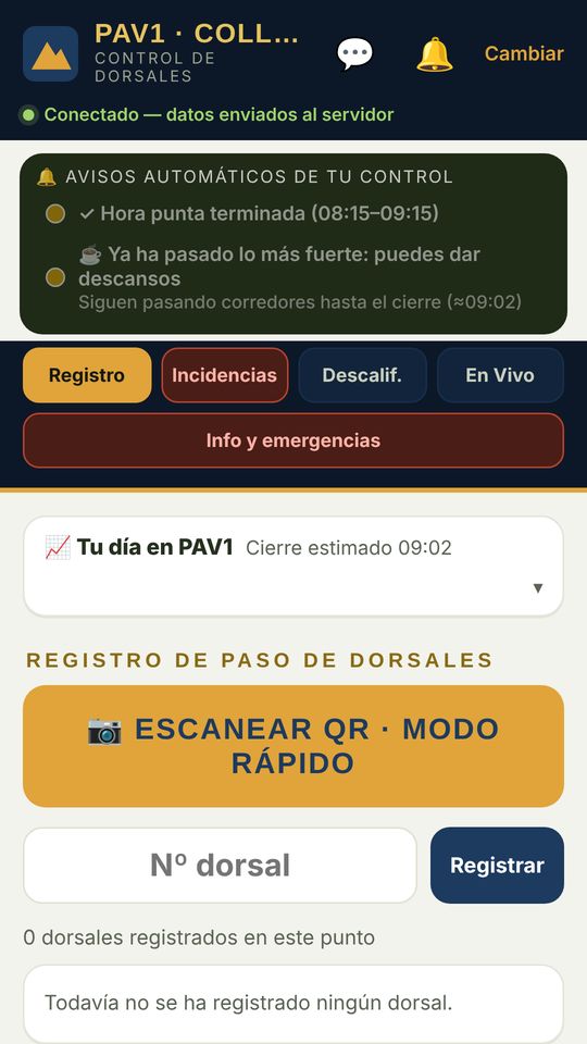 Control de dorsales con escaneo QR en modo rápido.